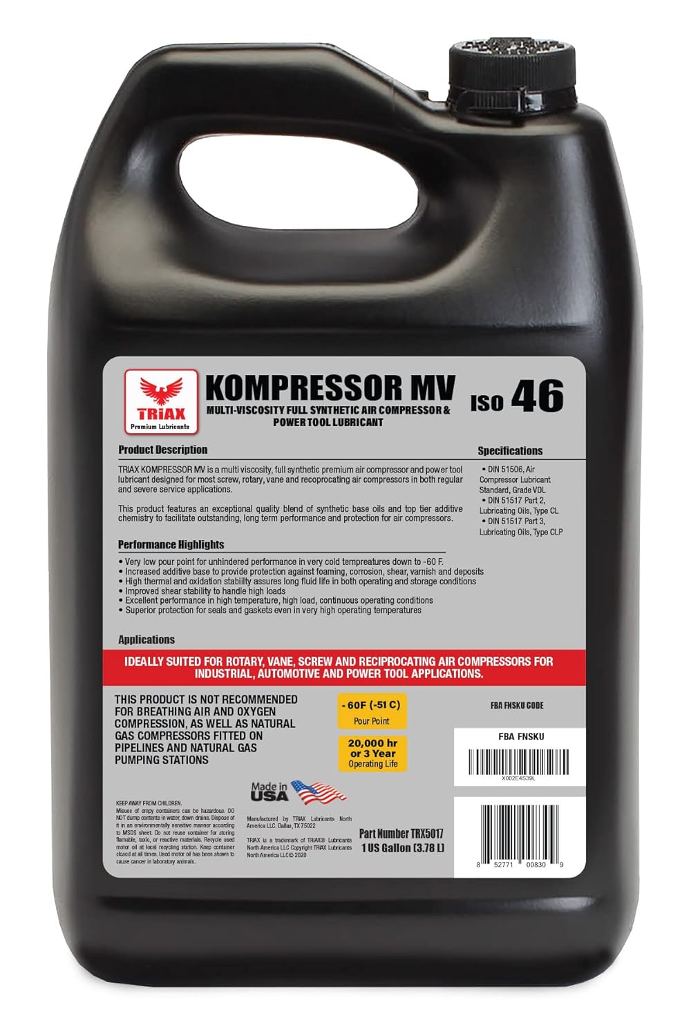 Triax Kompressor MV ISO 46, Multi Vis, Full Synthetic Air Compressor Oil, Rotary, Vane, Screw, Reciprocal, High Temp, 20,000 Hour Life (4 Gallon Pack)