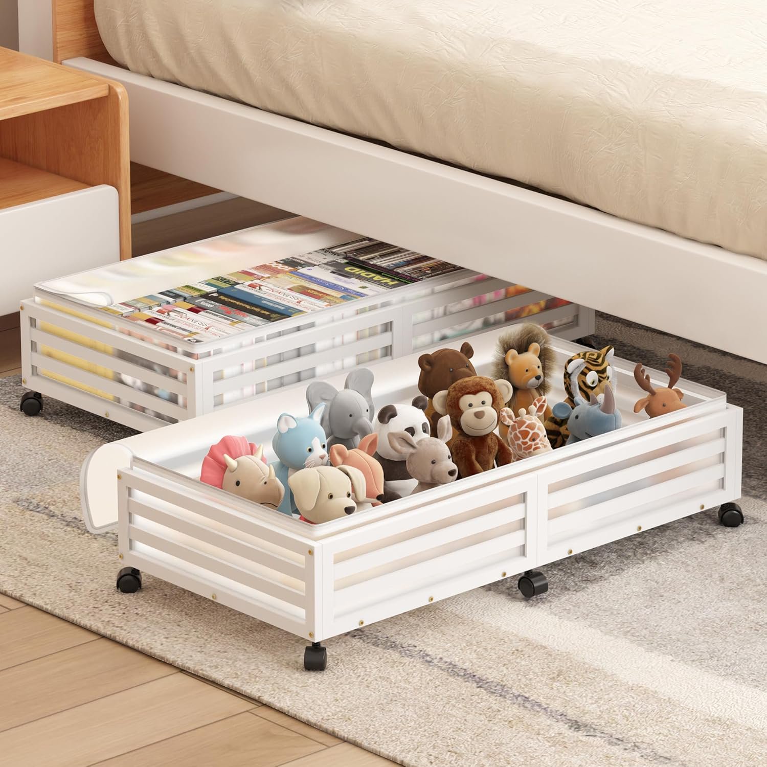 Under Bed Storage Containers With Wheels - 2 Pcs Bamboo Wood Rolling Shoe Storage Bins With Dust Bags for Clothes Blankets, Duvet Covers Snacks Toys (White)