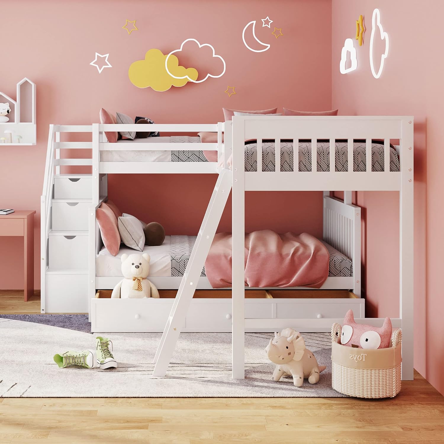 L Shaped Bunk Beds For 3, Triple Bunk Bed With Stairs And 3 Storage Drawers, Over Full Bunk Bed With Size Loft Bed Attached, Wooden Bunk Bed Frame For Kids Teens Adults (White)