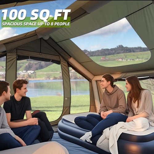 YOLENY Inflatable Tents for Camping, 4/6/8/10/12 Person Tent with TPU Skylight, Mesh Windows, Stove Jack & Pump, Easy Setup 4 Season Glamping Tent, Waterproof & Windproof