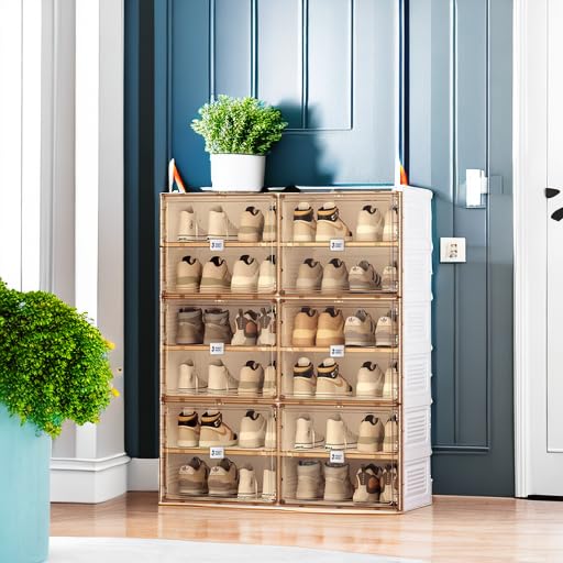 Portable Shoe Rack Organizer for Closet Entryway, Stackable Sneaker Storage Shoe Cabinet with Magnetic Clear Door, Large Plastic Storage containers Bins with Lids 7 Tiers 28 Pairs