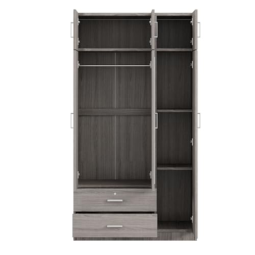 6-Door Armoire Wardrobe Closet with Mirror, 2 Drawers Wooden Armoire Closet Cabinet for High Storage Capacity, Bedroom Armoires with 1 Hanging Rod 41.3" L x 19.5" W x 81.1" H