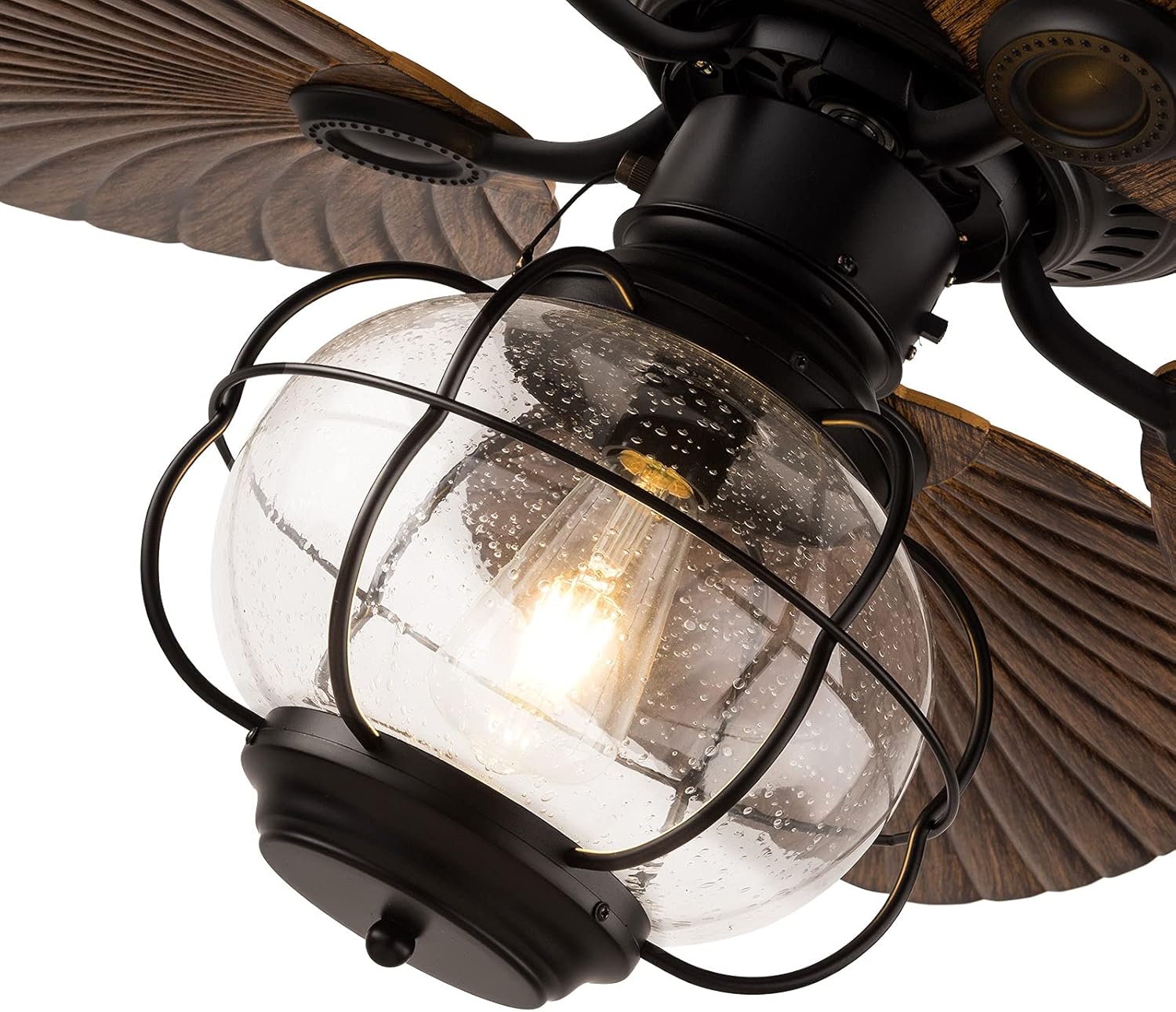 Tropical Ceiling Fans with Light 52 Inch Palm Leaf Ceiling Fan 5 ABS Palm Blades Glass Lampshade Chandelier Lighting Fixture 3-Speed Changes w/Remote Reversible for Kitchen Bedroom Living Room