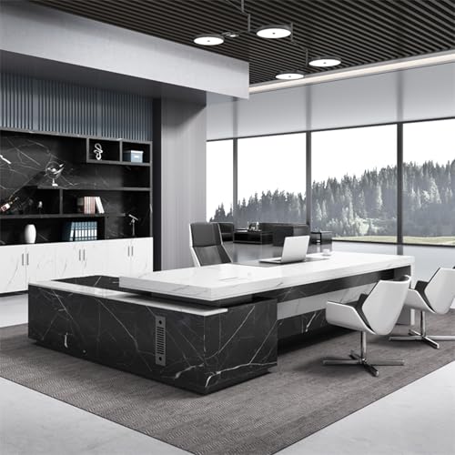 94-Inch Executive Desk with Charging Station File Drawer, L-Shaped Desk with Storage Shelve, Large Office Desk Writing Table Desk Business Furniture Set for Home Office