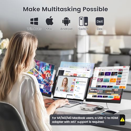 Teamgee Laptop Screen Extender, 12” Portable Monitor for Laptop FHD 1080P Glare-Free IPS Dual Screen, Works with Mac Windows Android Chrome Linux, Fits 13”~16.5” Laptops, Built-in Speakers & HDR
