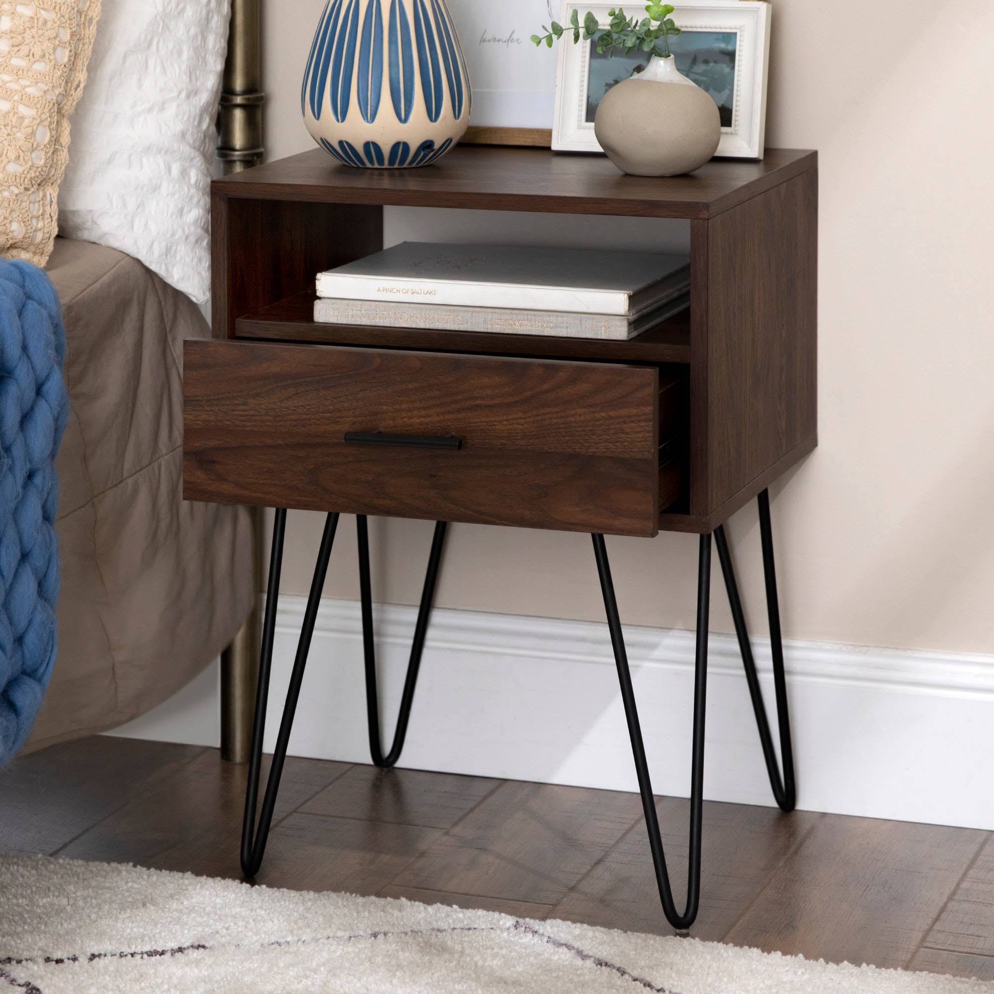 Amal Modern Single Drawer Hairpin Leg Side Table Dark Walnut - Saracina Home