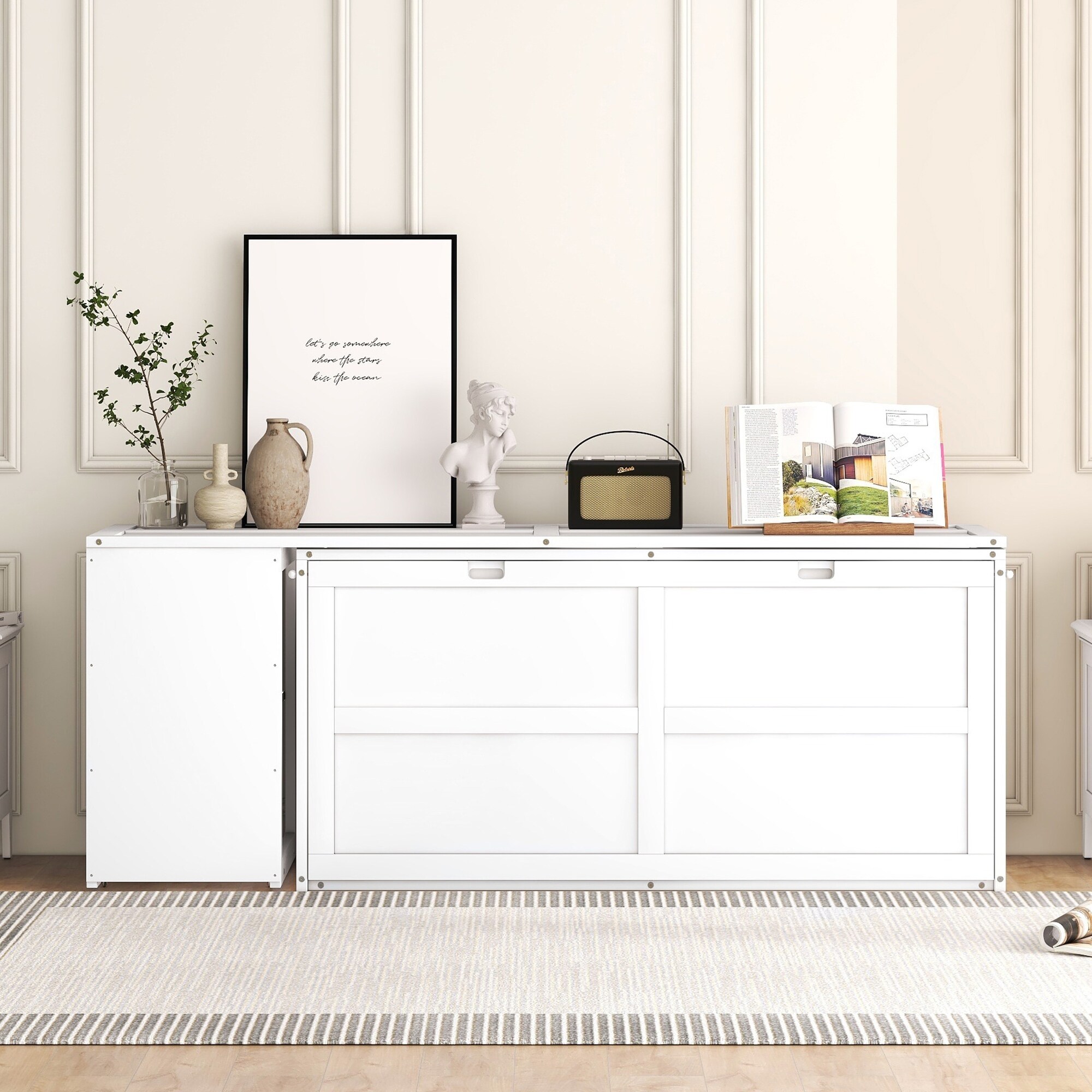 Queen Size Murphy Bed with Rotable Desk & 2 Storage Shelves, Space-Saving Design Solid Pine Wood Floor Bed Frame, White