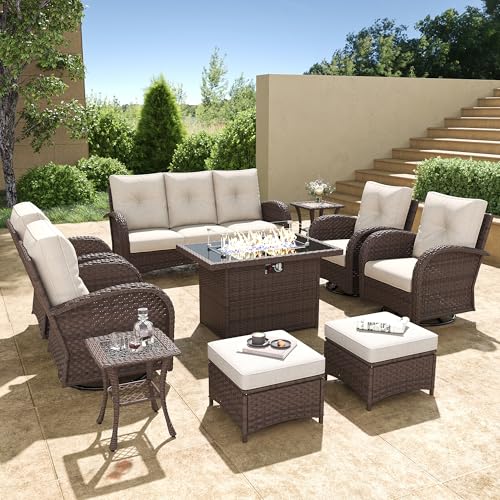 5 Pieces Wicker Patio Furniture Set, Luxury Outdoor Conversation Set with High Back Swivel Rocker Chairs