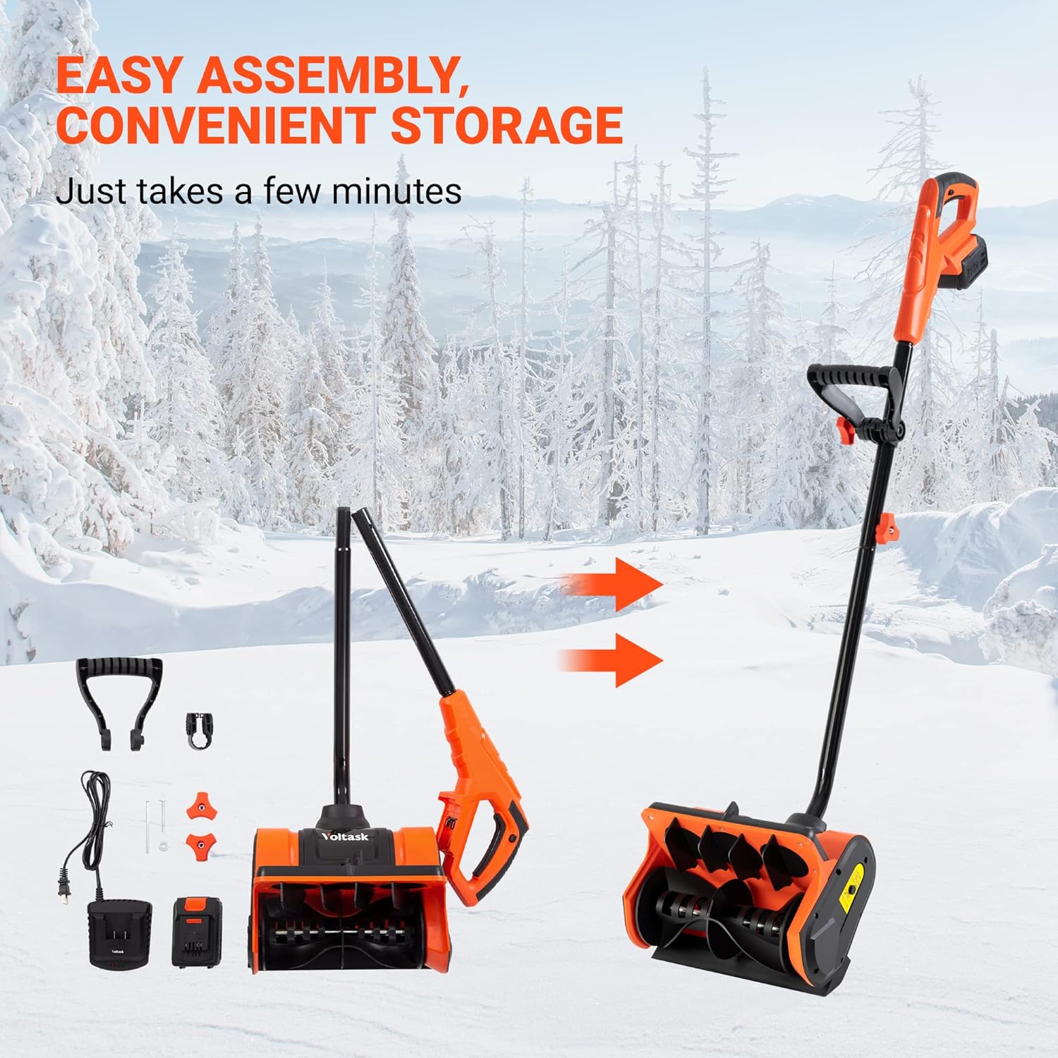 Voltask Cordless Snow Shovel, 18V（Same as 20v） | 11-Inch | 4.0 Ah Cordless Snow Blower, Battery Snow Blower with Adjustable Front Handle & Rotating Chute (4.0 Ah Battery & Quick Charger Included)