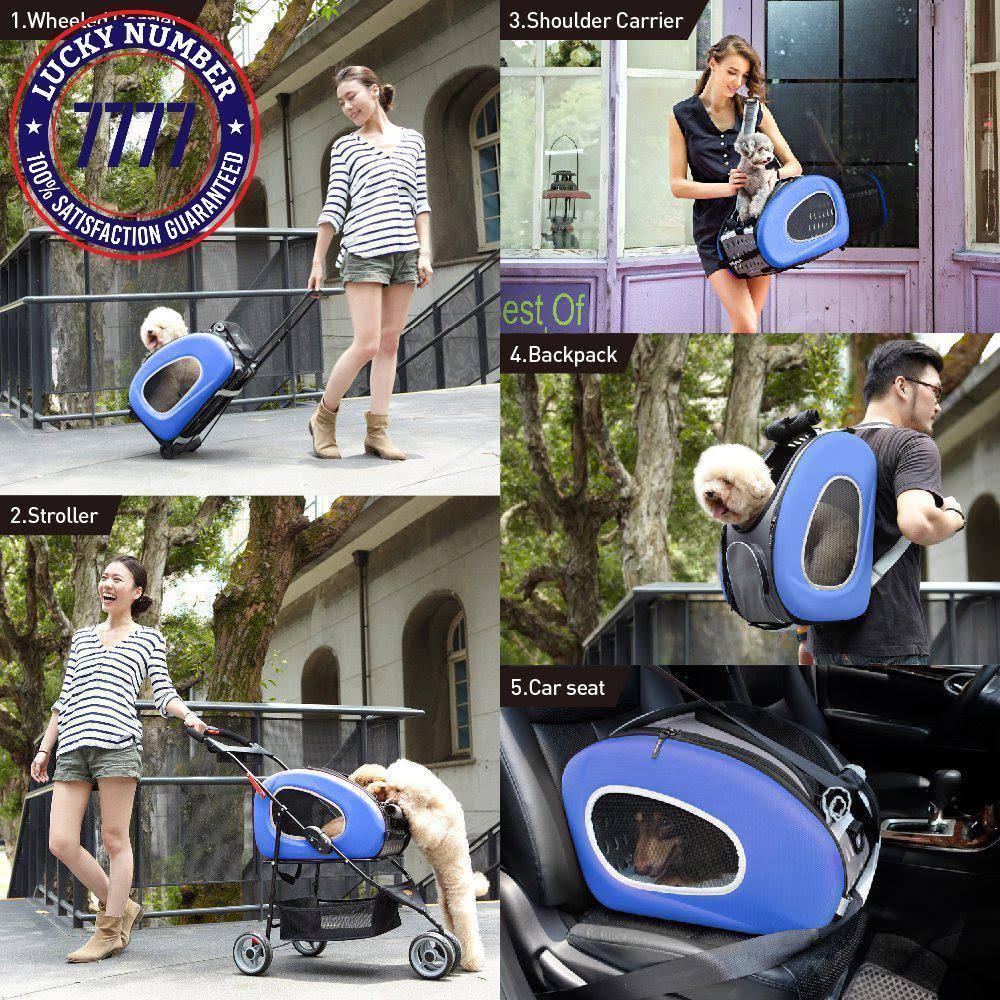 Ibiyaya 5 in 1 Pet Carrier + Backpack + Carseat + Pet Carrier Stroller + Carriers with Wheels for Dogs and Cats All in One (Blue