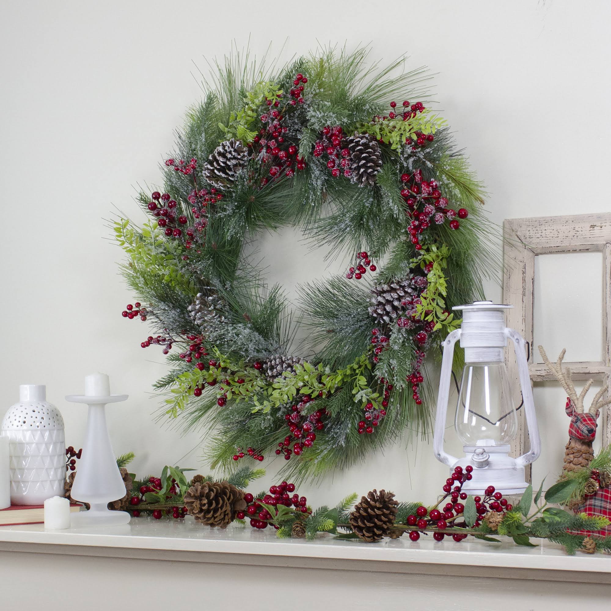 Northlight Iced Red Berries and Mixed Pine Artificial Christmas Wreath- 32 -in Unllit in Green | 33650117
