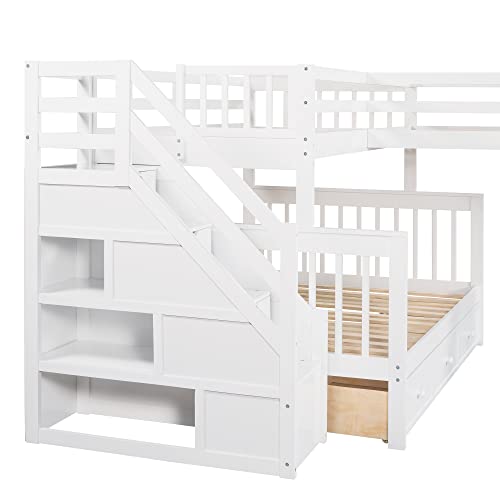 Twin over Full Triple Bunk Bed with Drawers and Stairway, L-Shaped Bunk Bed and Loft Bed Combo with Storage Compartment for 3, Ideal for Extended Family or Dorm (Espresso)