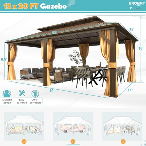 EROMMY 14'x20' Hardtop Gazebo Double Roof Galvanized Steel Canopy Outdoor Aluminum Frame Permanent Metal Pavilion with Netting and Curtains for Patio Backyard Deck and Lawns