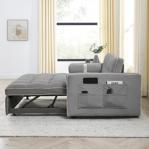 Velvet Sleeper Sofa 54" Convertible Sofa Recliner Bed 3-in-1, 3-Position Adjustable Backrest, Two Side Pockets, 2 Pillows for Living Room, Apartment, Black