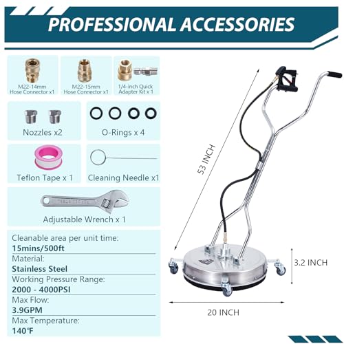 Towallmark 24" Pressure Washer Surface Cleaner with Dual Handle, 4 Wheels, 3/8" Quick Connect, 2 Replacement Nozzles, Stainless Steel Power Washer Surface Cleaner for Driveway Sidewalk Patio 4000 PSI