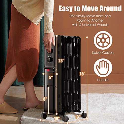 GOFLAME 1500W Oil Filled Radiator Heater, Electric Space Heater with 3 Heating Modes, Adjustable Thermostat, Tip-Over & Overheat Protection, Powerful Oil Heater for Home and Office