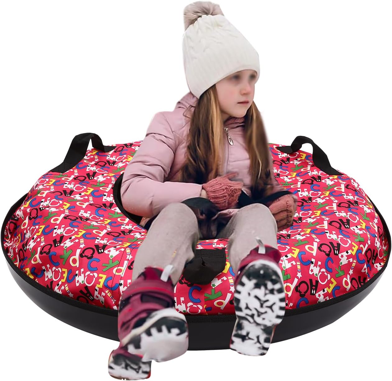 Snow Tube Heavy Duty with a Hard Plastic Bottom,90cm Oxford Cloth Inflatable Sledding Tube, Snow Sleds for Kids and Adult, Inflatable Sled(Include Cushion)