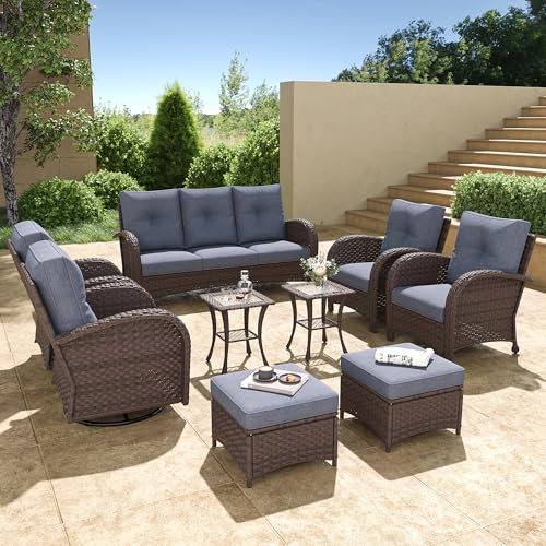 5 Pieces Wicker Patio Furniture Set, Luxury Outdoor Conversation Set with High Back Swivel Rocker Chairs