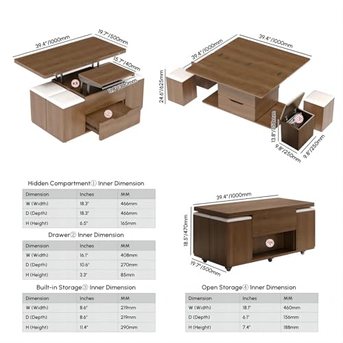 homary Black Lift-Top Coffee Table with Hidden Storage, 3-in-1 Modern Folding Center Table with 4 Stools, Casters, and Lockable Wheels – Convertible Dining & Office Table for Living Room