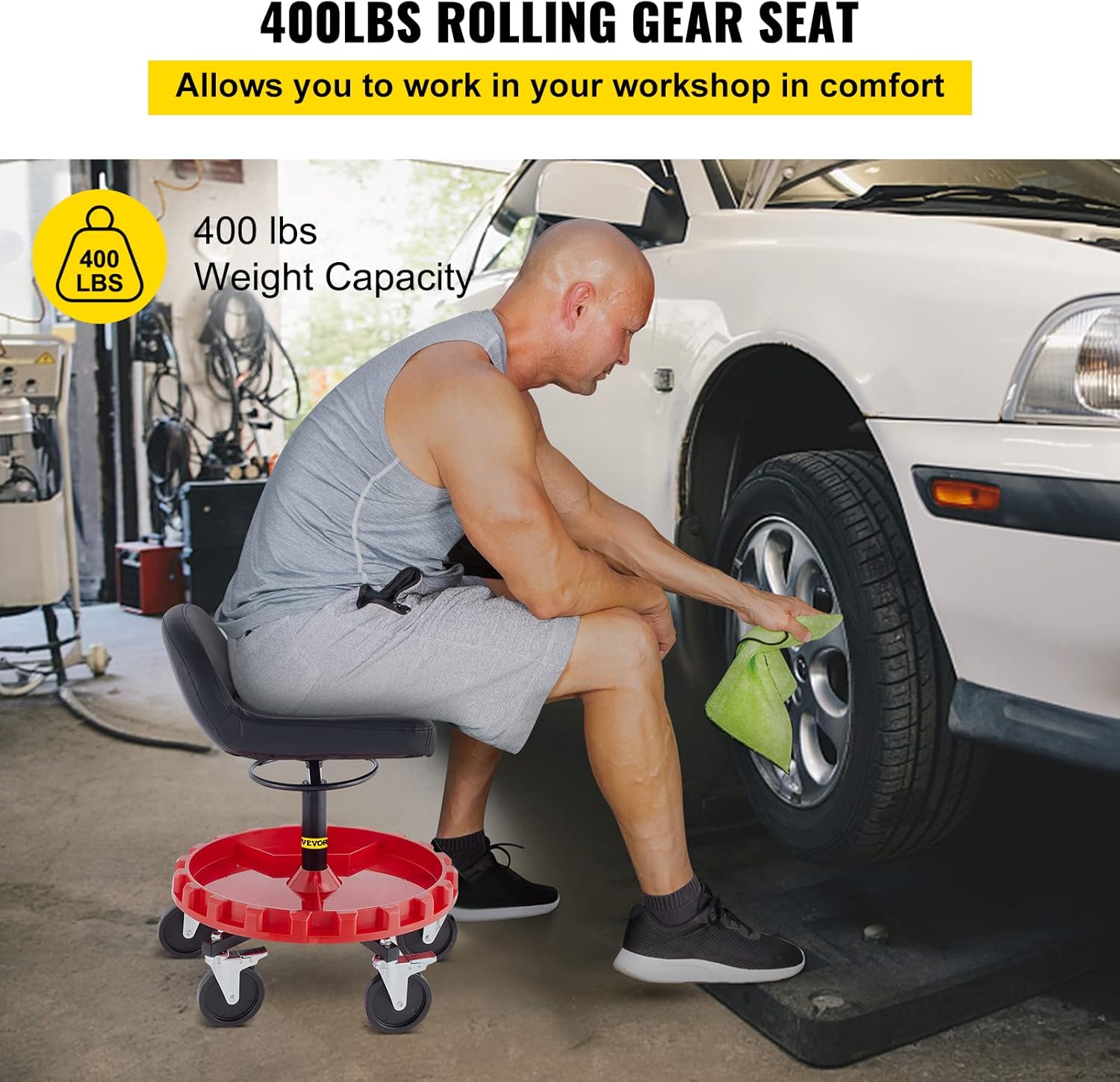 VEVOR Shop Stool, 400 LBS Rolling Garage Stool, 22” to 26” Adjustable Height Mobile Rolling Gear Seat, Round Tray Garage Pneumatic Stool, All-Terrain 5 Casters with Two Brakes Mechanic Seat