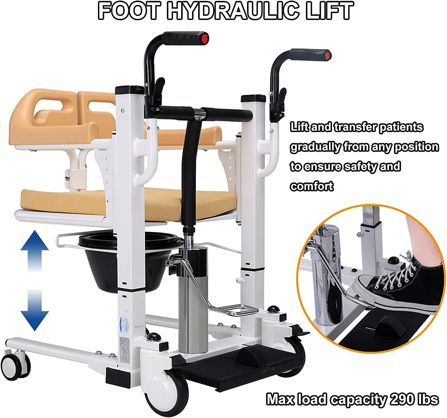 Patient Lift Lightweight Hydraulic Transfer Wheelchair for Home Use - 180° Split Seat and Bedside Commode with 290 Lb. Weight Capacity - Ideal Patient Lift Transfer Chair for Elderly