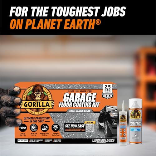 Gorilla Epoxy Garage Floor Coating (7 pc) Kit, 1-Car, Concrete Flooring, 100% Solids, Superior Adhesion, Incredibly Durable High Gloss Gray Finish, 275 sq. ft. Coverage