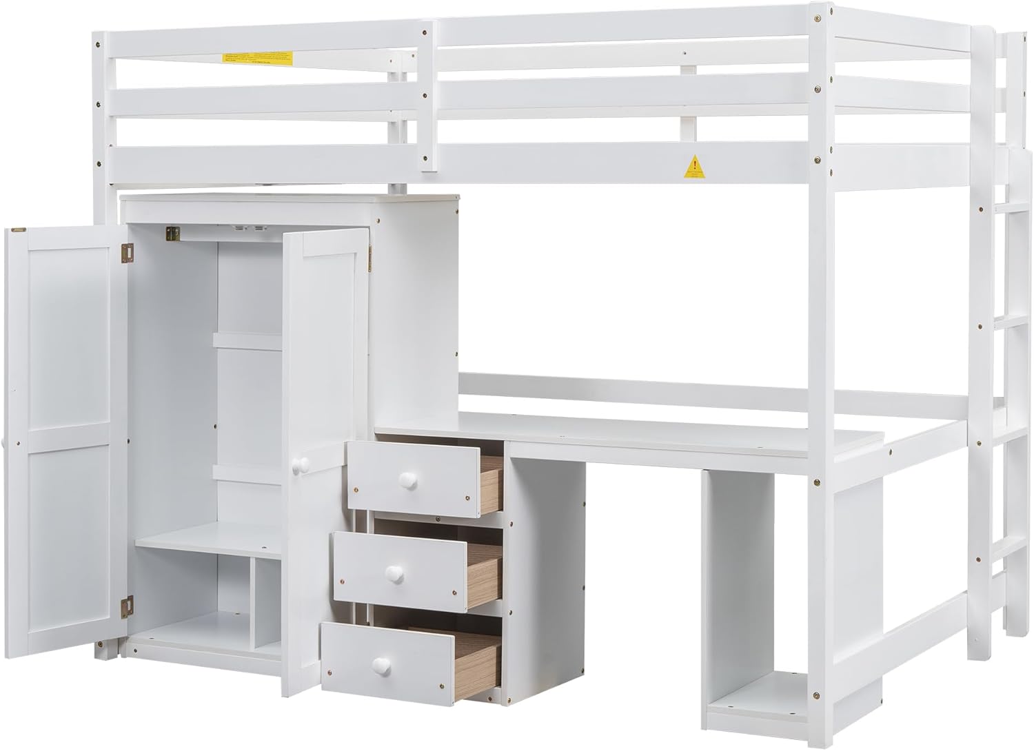 Full Size Loft Bed with Desk & 3 Storage Drawers & Wardrobe Design for Kids Bedroom,Solid Wood Bedframe w/Ladder & Safety Guardrails,No Box Spring Needed & Super Save Space, White
