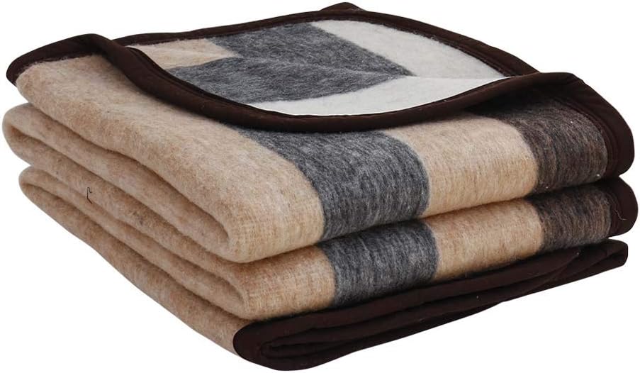 Alpaca Warehouse Alpaca Sheep Wool Blanket King/Full-Queen/Twin Size Thick Heavyweight Comfortably Warm - Great for Outdoor Use - Striped Design (Beige/Brown/Gray, Full/Queen)
