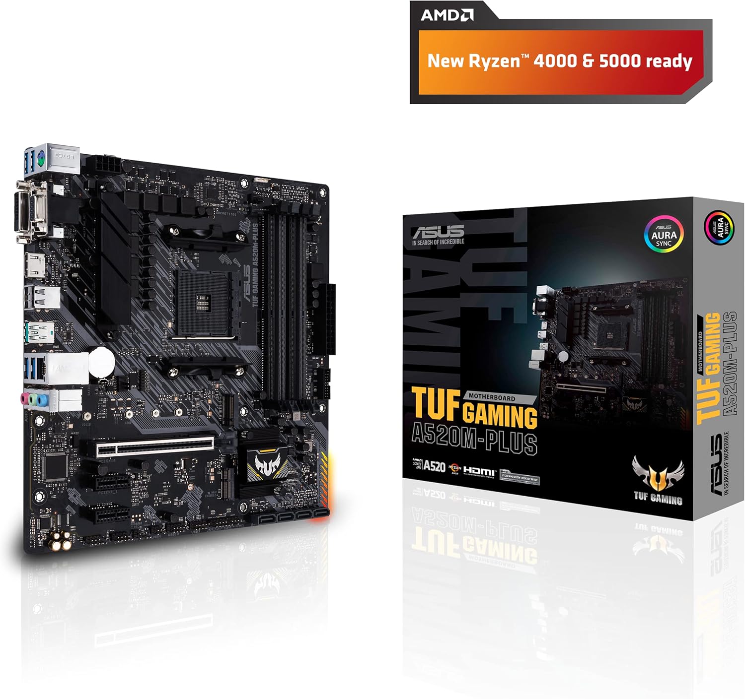 ASUS TUF Gaming A520M-Plus AMD A520 (Ryzen AM4) Micro ATX Motherboard with M.2 Support, 1 Gb Ethernet, HDMI/DVI/D-Sub, SATA 6 Gbps, USB 3.2 Gen 2 Type-A, and Aura Sync RGB Lighting Support,