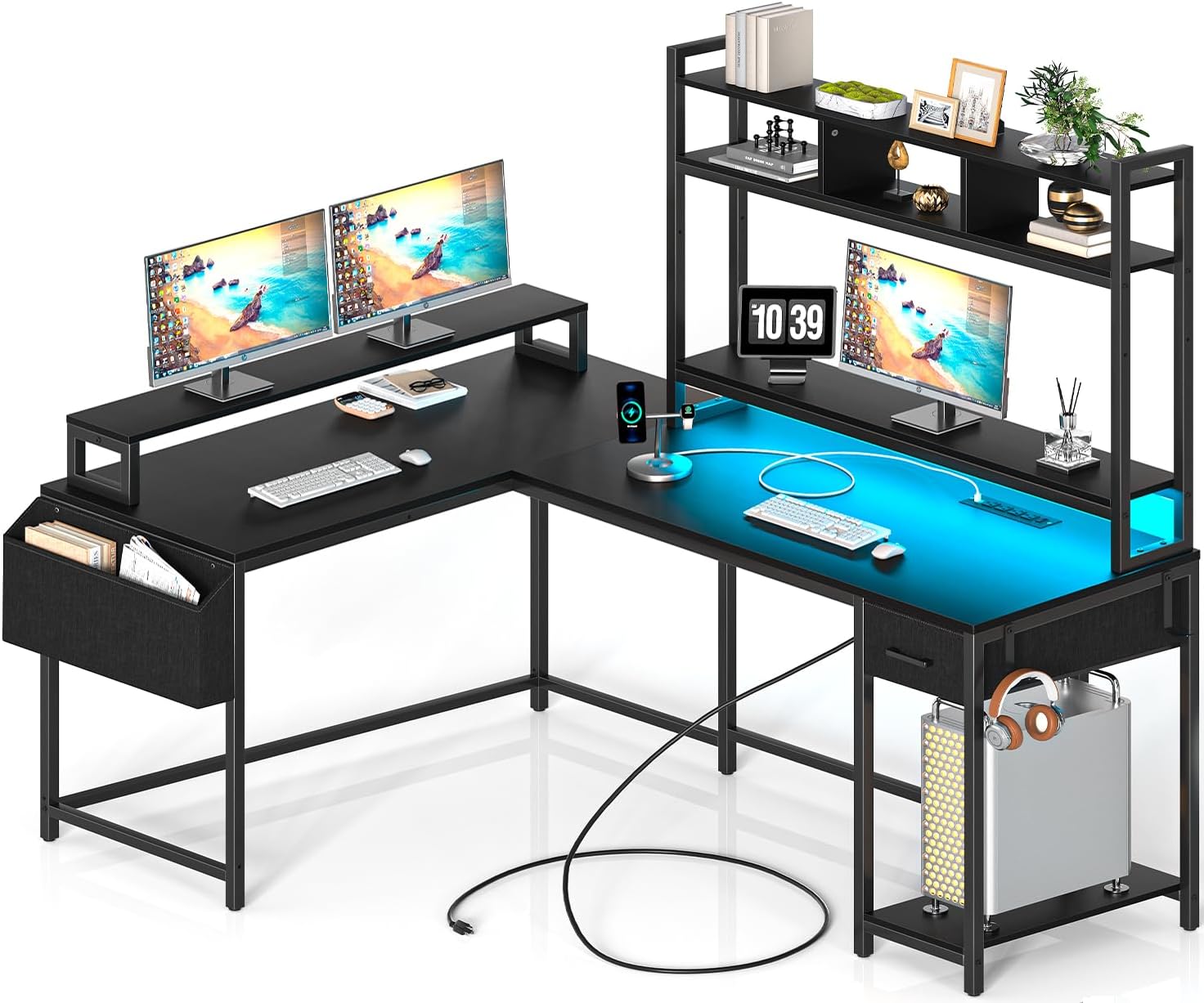 L Shaped Gaming Computer Desk with Monitor Shelf, Reversible Gaming Desk with Power Outlets & LED Lights,Extra Large Long Office Desk, Corner Desk for Home Office