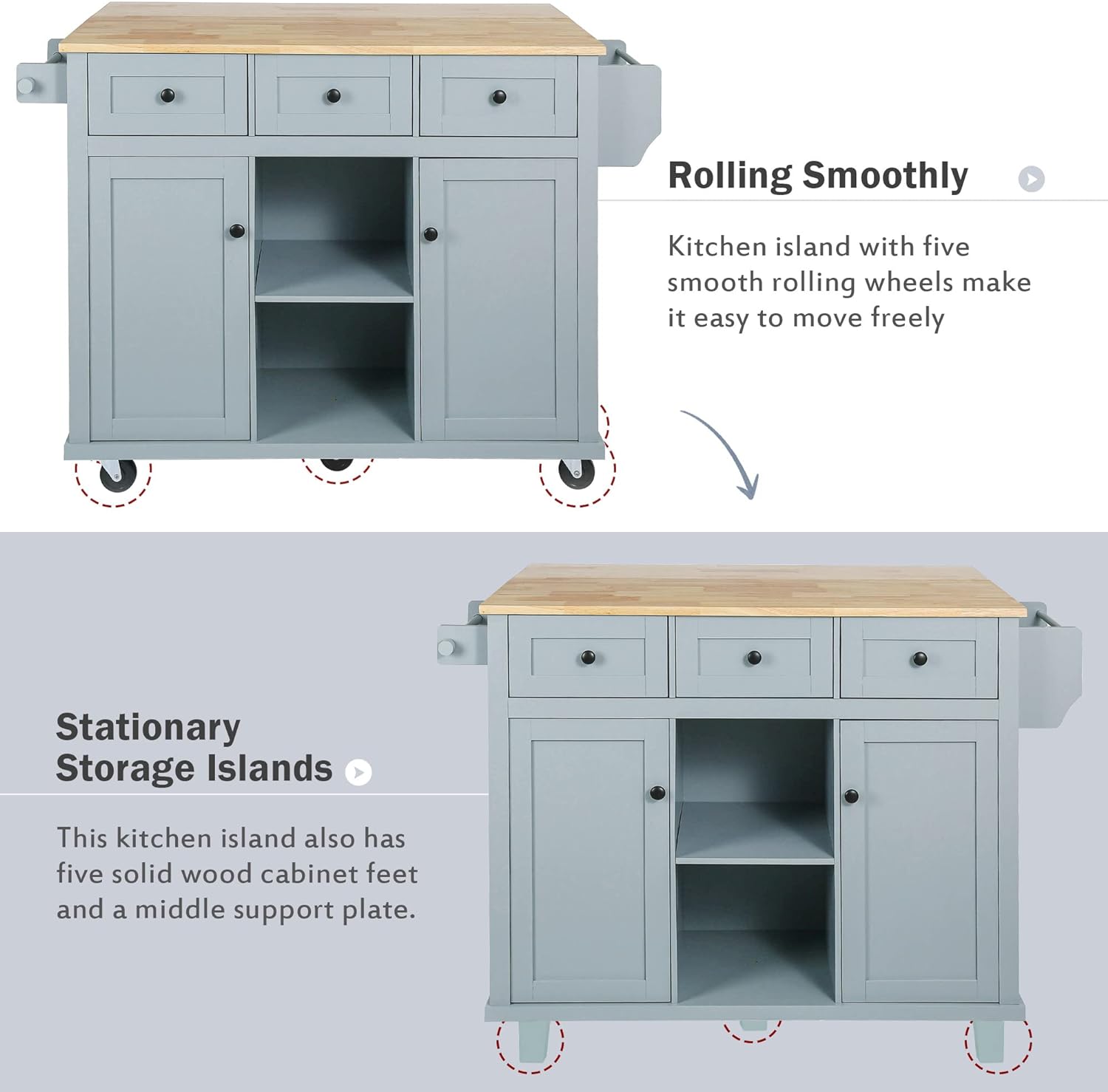 53.1inch Kitchen Cart with Rubber Wood Drop-Leaf Countertop, Cabinet Door Internal Storage Racks,Kitchen Island on 5 Wheels with Storage Cabinet and 3 Drawers for Dining Room, Blue