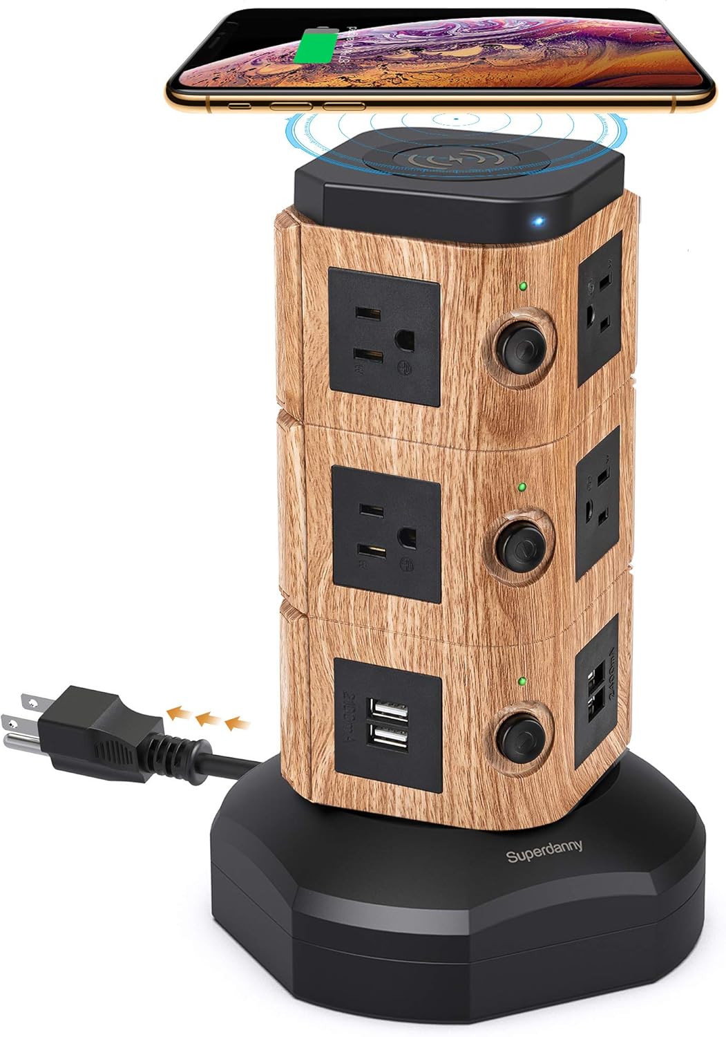 Power Strip Tower, SUPERDANNY Surge Protector Tower with 15W Magnetic Wireless Charger, 1050J, 13A Charging Station with 12 AC Outlets & 6 USB Ports, 6.5ft Extension Cord for Home Office, Gold Pack of 2