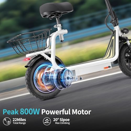 Caroma Peak 800W/1200W Electric Scooter Adults, 30 Miles Max Range, Foldable Electric Scooter with Seat, Front Suspension, Detachable Large Basket,Commuter E-Scooter for Adult and Teens