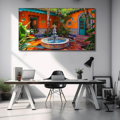 Mexican Village Wall Art,Colorful Wall Art,Mexican Canvas Wall Art,Mexican Wall Art,Large Abstract Wall Art,Large Wall Art for Living Room,Office,Entryway,Bedroom (Gold Metal Framed, 36"Wx20"H/92x52 cm)