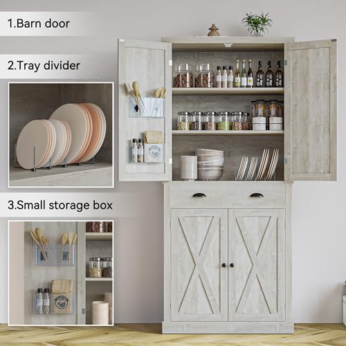 IRONCK Kitchen Pantry Storage Cabinet 72.6" H, with Barn Doors, Drawer, 4 Adjustable Shelves, Freestanding Cupboard for Dining Room Living Room, Laundry, White
