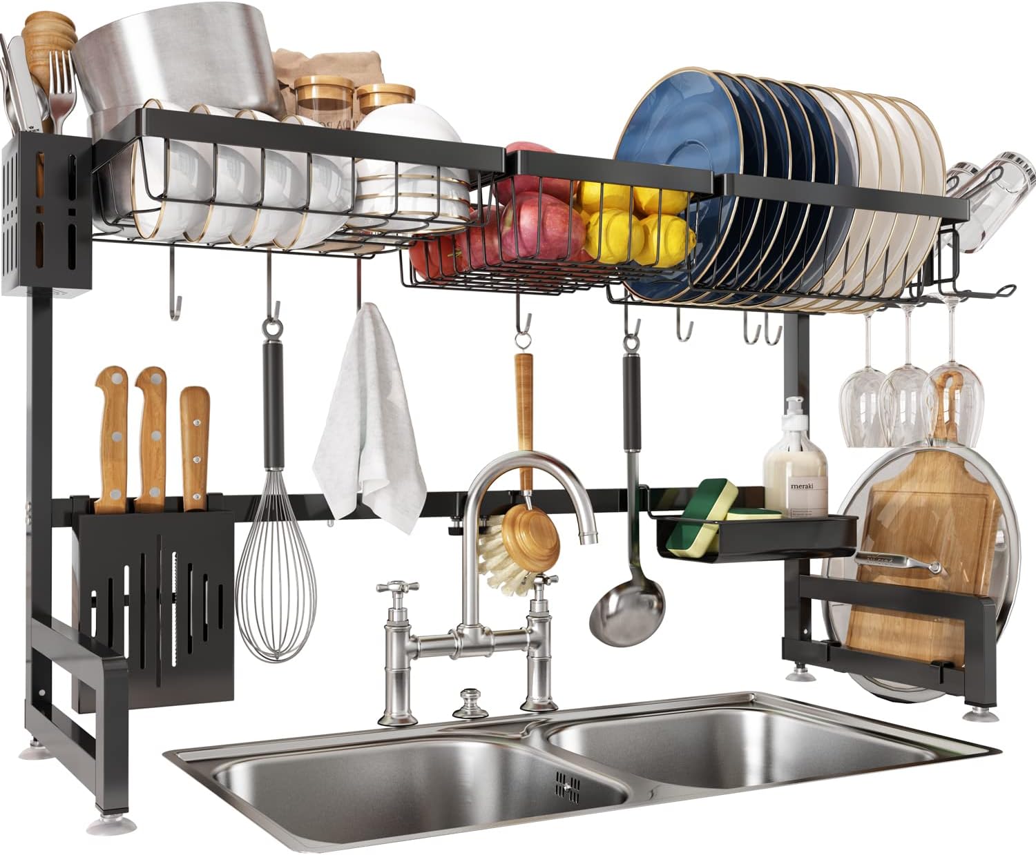 Dish Drying Rack Over The Sink Adjustable Height and Length 2 Tier Large Dish Rack Above Sink Expandable Stainless Steel Dish Drainer Shelf for Kitchen Counter Organizer Space Saver with 6 Hooks