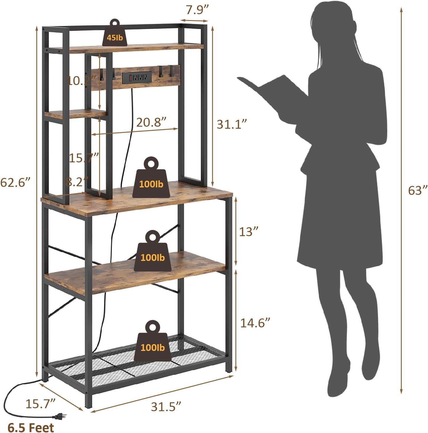 5-Tier Bakers Rack for Kitchens with Power Outlet, 31.5 Inch Microwave Stand, Freestanding Metal Kitchen Rack with Hooks, Coffee Bar Station, Rustic Brown