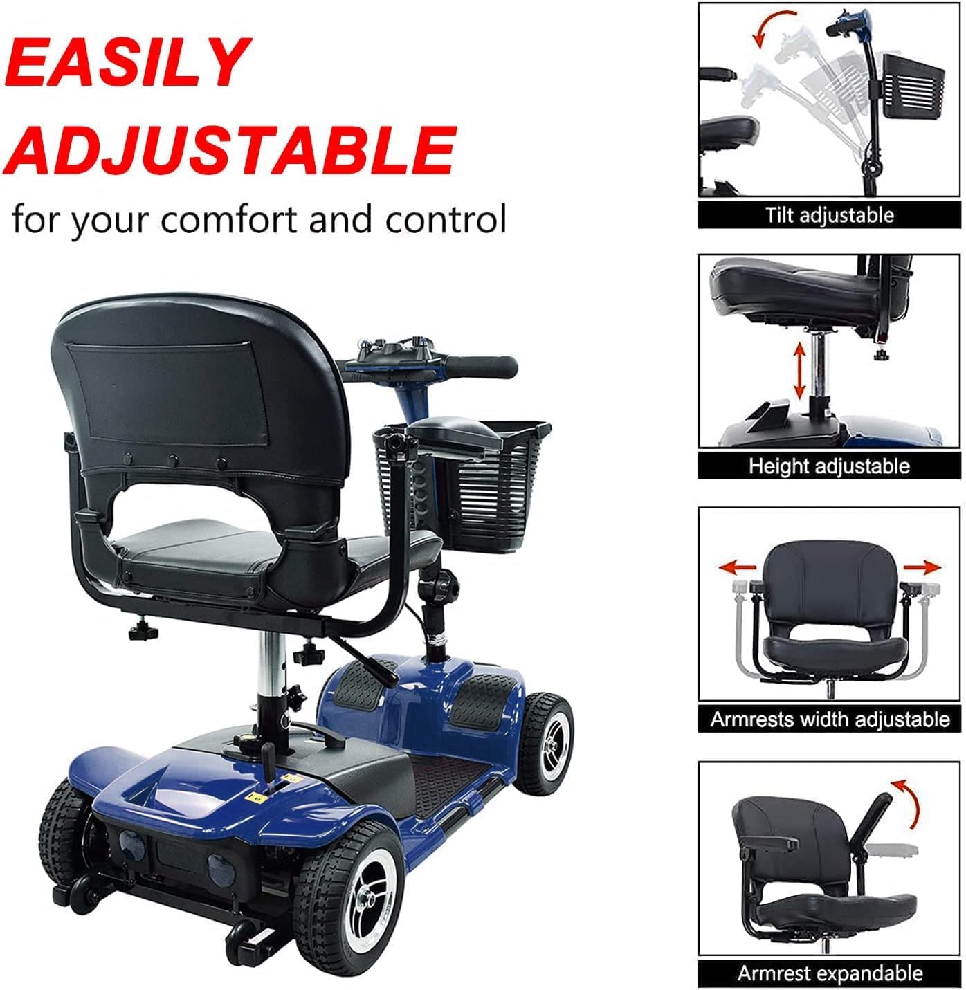 4 Wheel Mobility Scooter, Electric Power Mobile Wheelchair for Seniors Adult with Lights- Collapsible and Compact Duty Travel Scooter w/Basket Blue