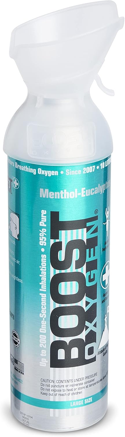 6 Pack Large 10-Liter Boost Oxygen Portable Pure Canned Natural Oxygen Canister Bottle for High Altitudes, Athletes, and More, Menthol Eucalyptus