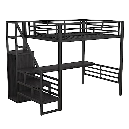 Metal Loft Bed with Desk, Storage Stairs Can Be Installed Left Or Right Full Size Bed Frame Storage Staircase and Small Wardrobe and Full-length Guardrail for Bedroom (White)