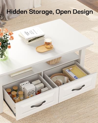 Marsail Lift Top Coffee Table with Open & Hidden Storage, Modern Fluted Coffee Table with Smooth Lift Mechanism, Sturdy Space-Saving Center Table for Home Living Room, Office, Natural Oak