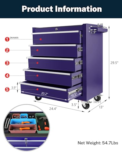 Heavy-Duty 7-Drawer Rolling Tool Chest with Wheels, Steel Tool Storage Cabinet with Lock & Liner for Workshop for Workshop/Garage - Includes 7 Organizer Boxes, Black
