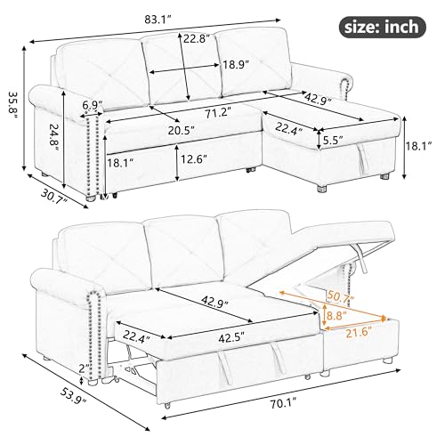 L Shaped Convertible Sleeper Sectional Sofa w/Storage Chaise Lounge & Pull-out Bed, Velvet Upholstered Couch with Nail-head Trim for Living Room, Home, Apartment, Gray