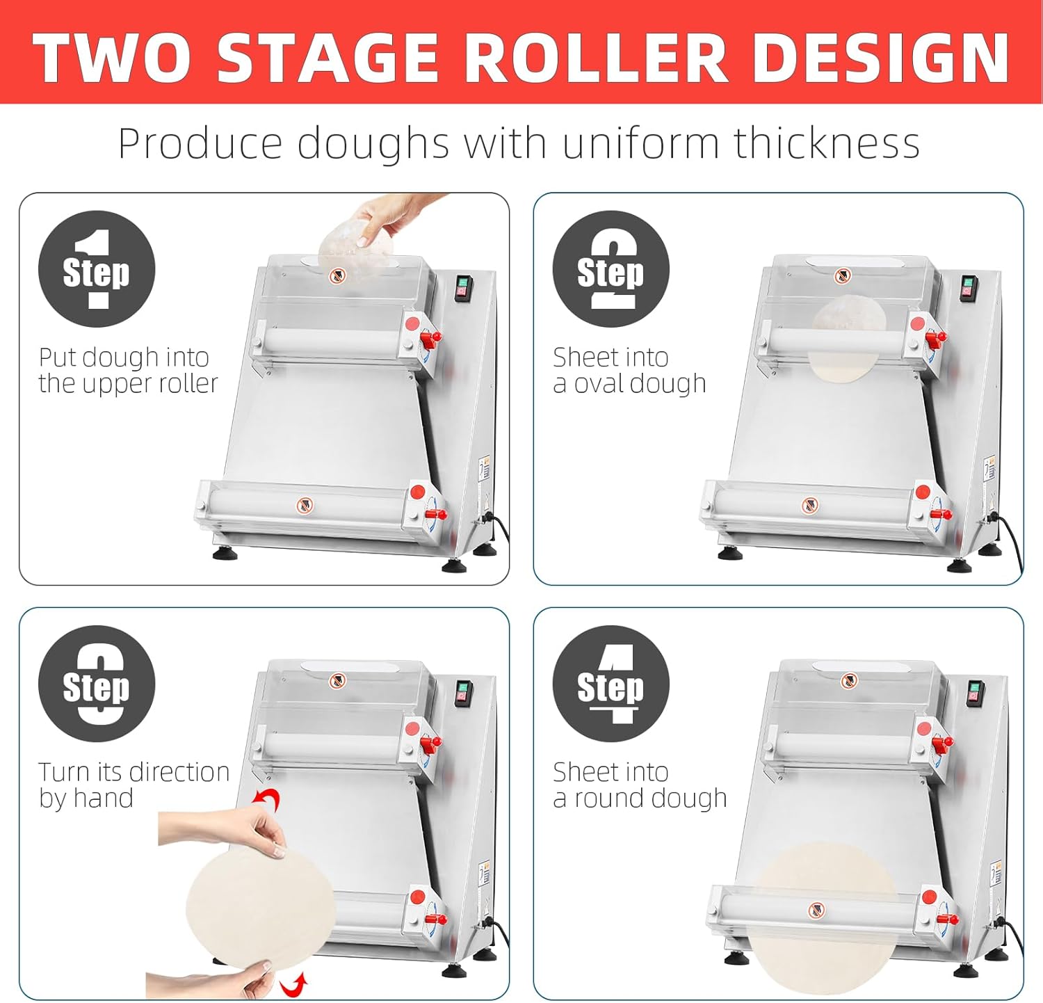Commercial Pizza Dough Roller Sheeter, CuisinAid Max 16", Automatic 370W Electric Pizza Dough Roller, Stainless Steel, Suitable for Noodle, Pizza Bread and Pasta Maker Equipment