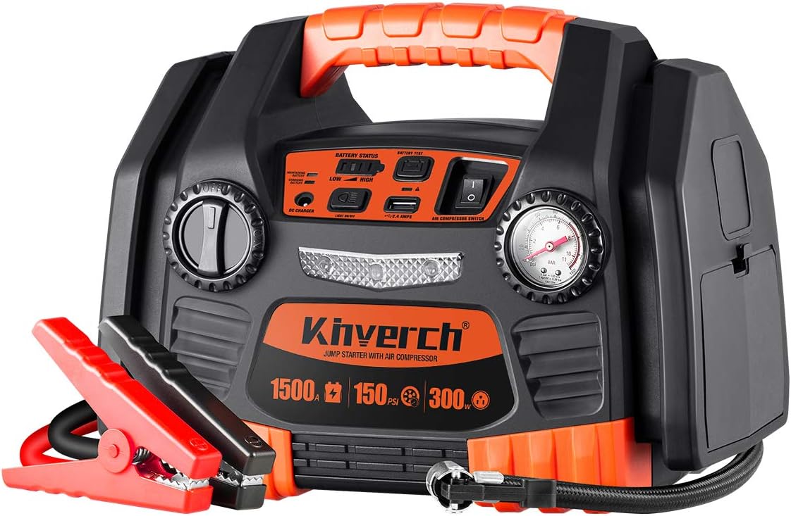 Kinverch Portable Car Jump Starter 1000 Peak Amp 12-Volt with 1-USB 1-12V Power Ports & 150 PSI Air Compressor