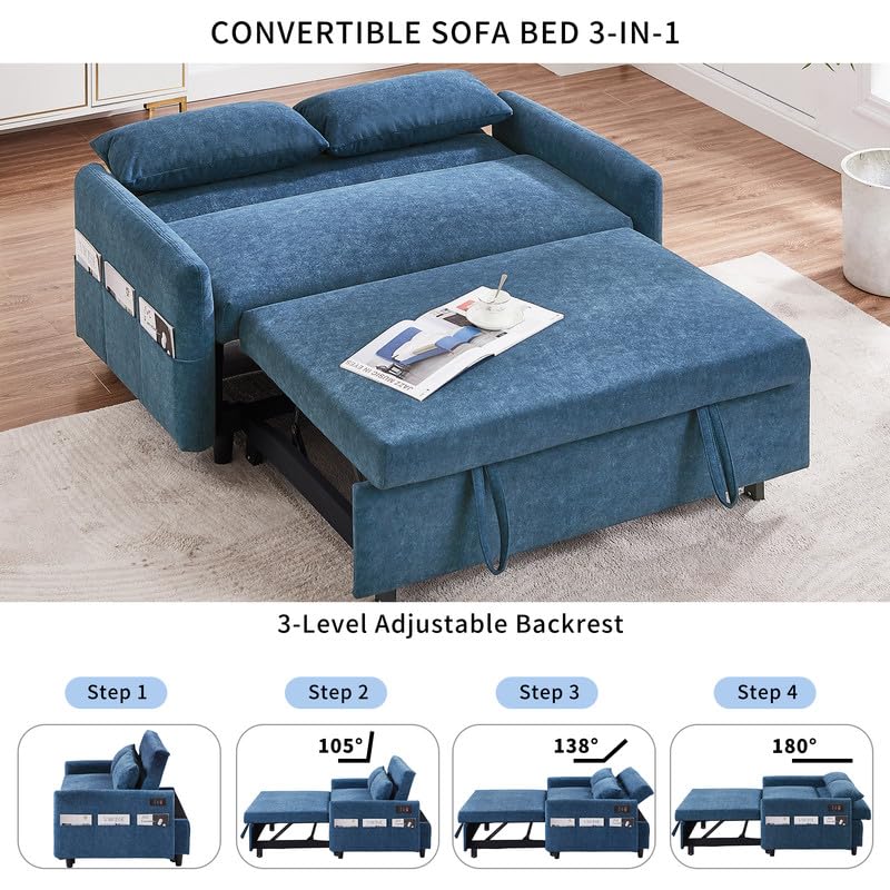 Convertible Chair Bed, 3 in 1 Convertible Sofa Bed Sleeper Chair with 3 Level Adjustable Backrest & 2 Pillow, Pull Out Sofa Bed in Microfiber, Sofa Bed Couch Loveseat Sleeper Bed for Living Room, Grey