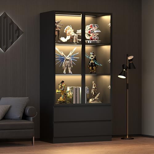 Tempered Glass Door Display Cabinet with LED Lights and 3 Storage Shelves,Tall Modern Display Storage Organizer with 2 Drawers and 2 Doors,Bookcase Bookshelf for Living Room,Home Office,Black