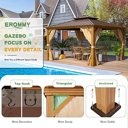 EROMMY 14'x20' Hardtop Gazebo Double Roof Galvanized Steel Canopy Outdoor Aluminum Frame Permanent Metal Pavilion with Netting and Curtains for Patio Backyard Deck and Lawns