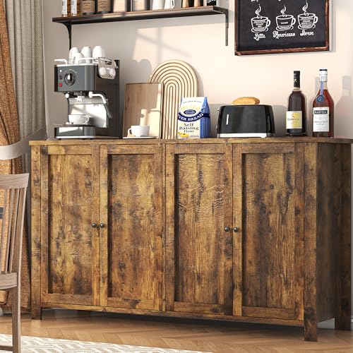 Buffet Cabinet with Storage Farmhouse Buffet Sideboard with 4 Doors, 55'' Large Kitchen Storage Cabinet Wood Coffee Bar Buffet Table for Kitchen, Dining Room, Entryway