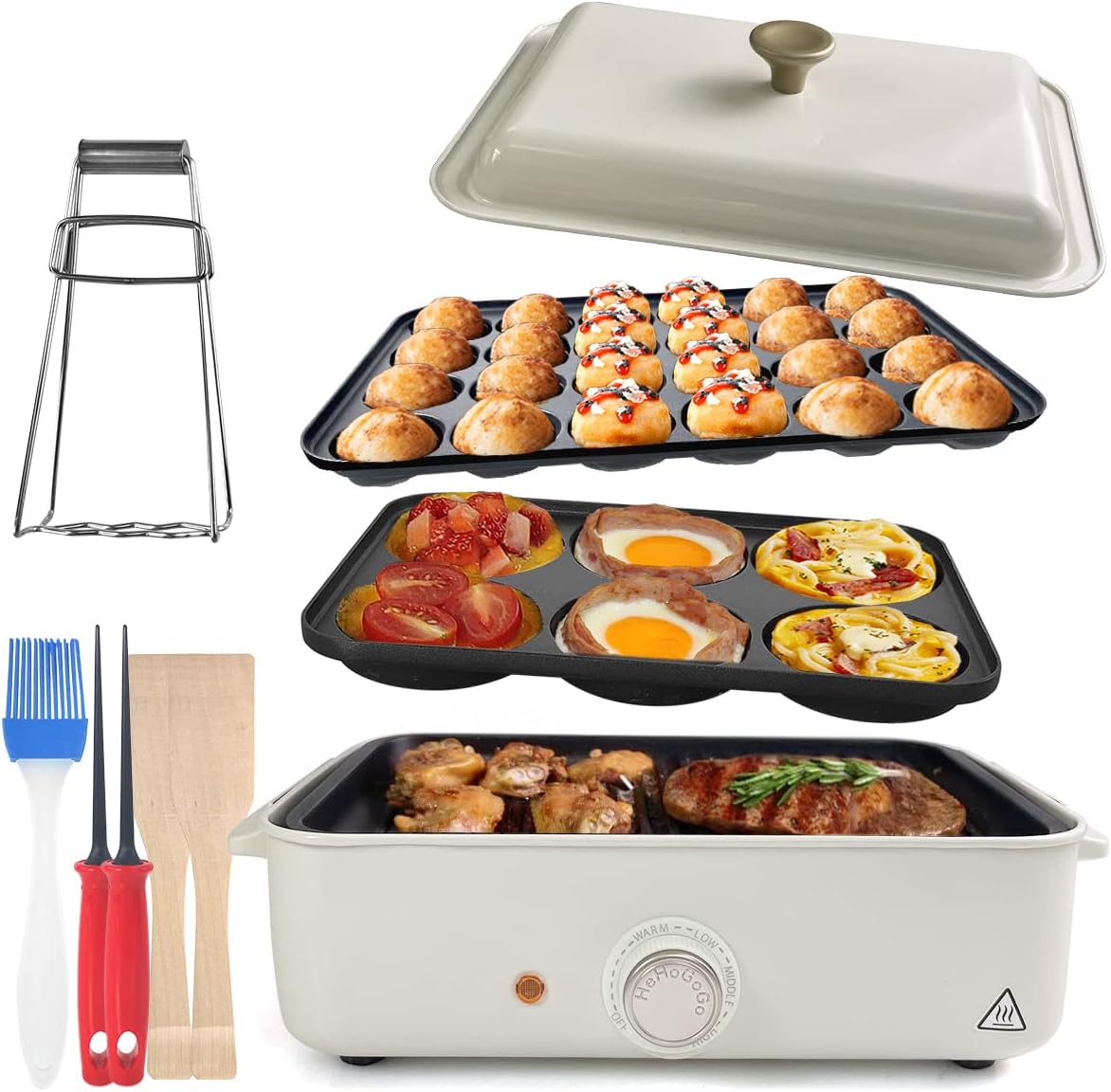HeHoGoGo 3 in 1 Multifunctional Electric Griddle Electric Skillet Nonstick Baking Maker with 3 Interchangeable Pan Takoyaki Maker Cake Pop Maker Pancake Maker Red